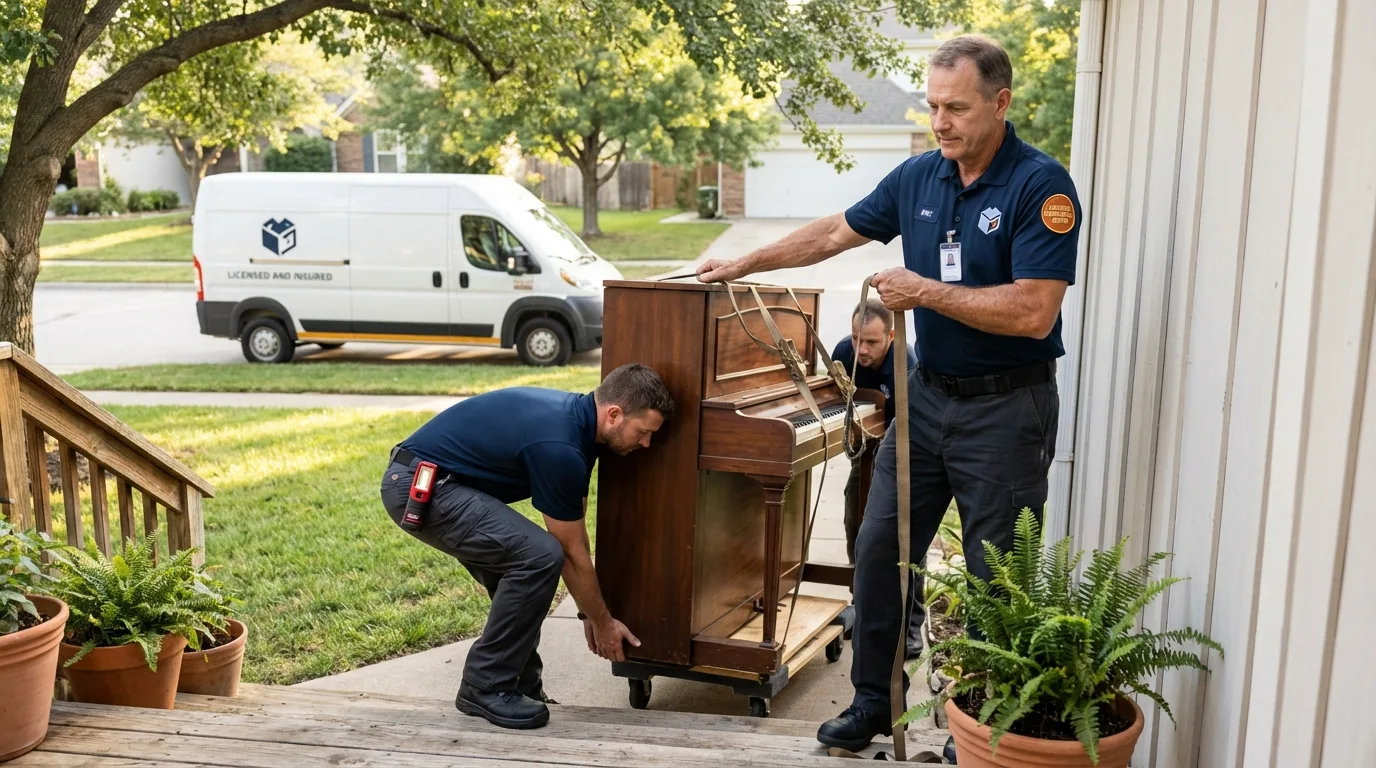 Licensed piano movers securing grand piano in Westlake, OH