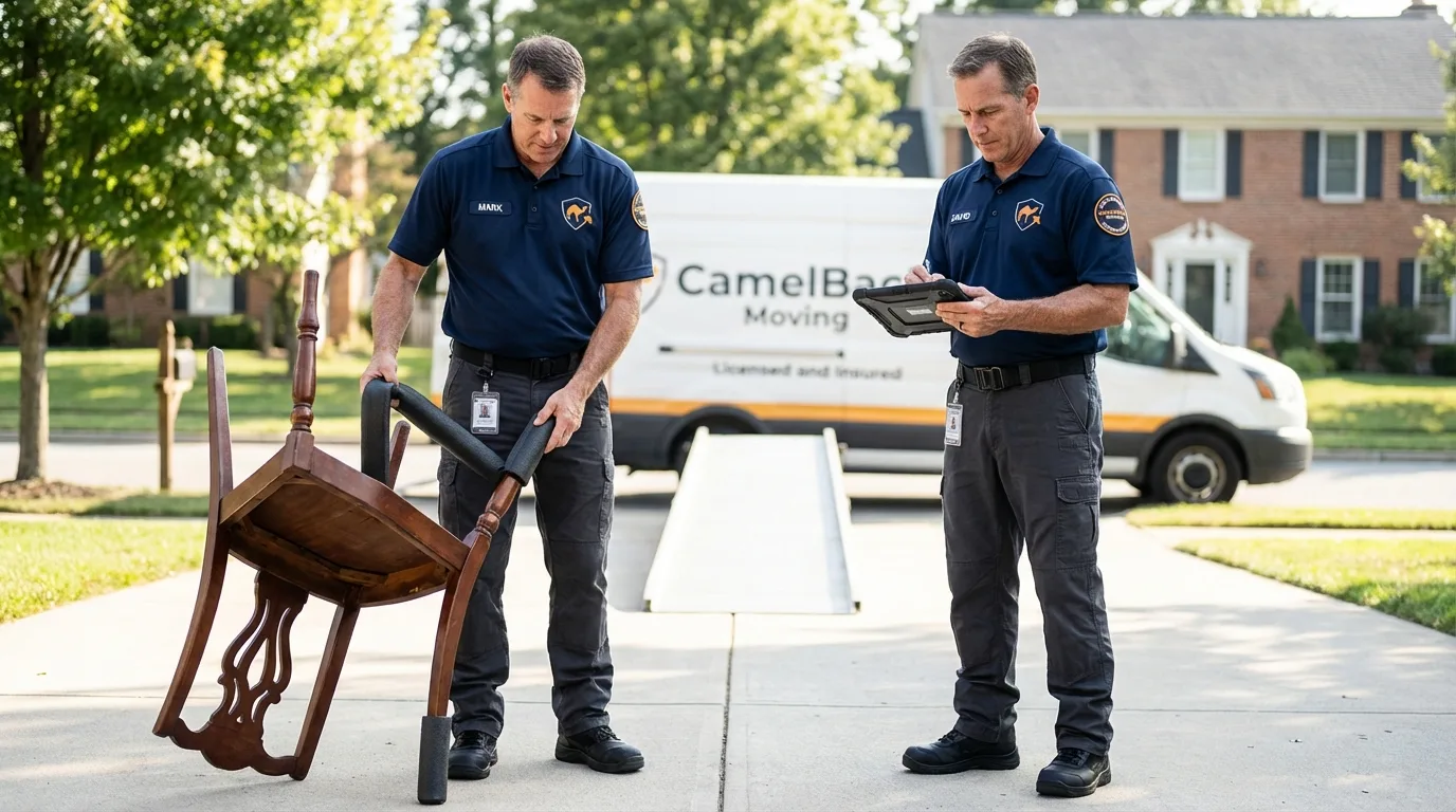Movers inspecting furniture for damage prevention before loading in Westlake, OH