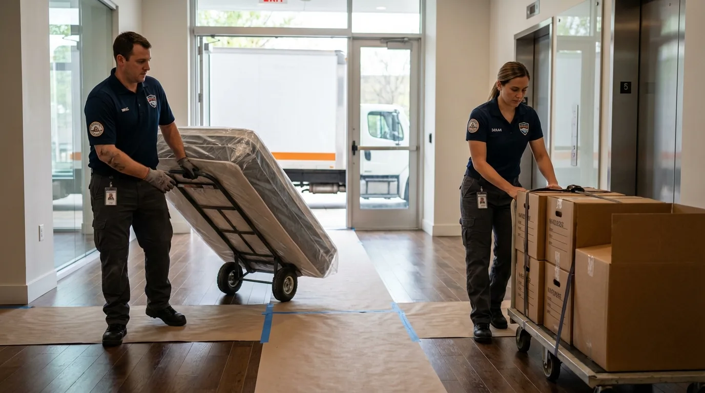 Professional apartment movers loading elevator in Westlake, OH