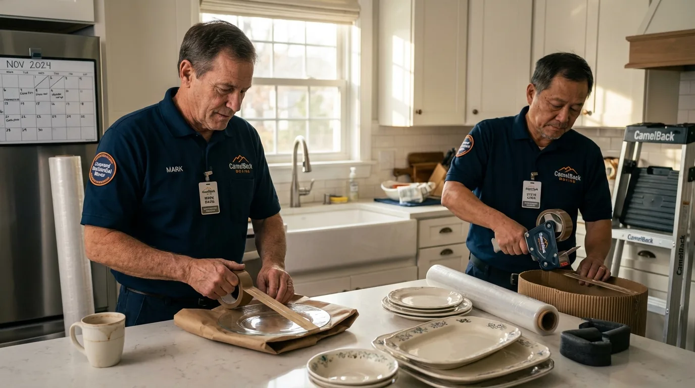 Professional crew packing kitchen dishware in Westlake, OH